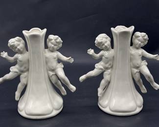(2) Vtg. White Porcelain Figural Putti Bud Vases