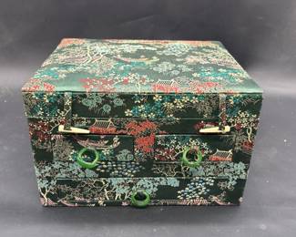 Vtg. Silk Covered Asian Jewelry Box w/ Drawers