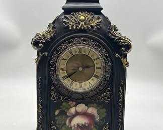 Black w/ Gilt Gold French Mantle Clock w/ Rose
