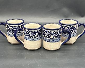 4-Signed Blue & White Glazed Pottery Mugs