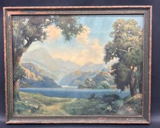 Vintage Landscape Scene in Brown Wooden Frame