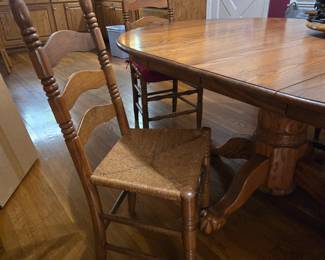 Oak Pedestal Table w/ claw feet & Ladder Back rush seat Chairs