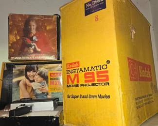 Kodak Instamatic M28 8mm Movie Camera, M95 Movie Projector & Sylvania SG9 Sun Gun Movie Light
