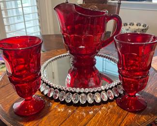 Vintage Viking Georgian Ruby glass Pitcher w/matching thumbprint goblets (6)