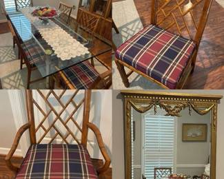 Glass dining table 7 ft long X 4 1/2 ft  wide 
with 6 chairs,
Gold frame mirror 40 inches wide X 44 inches tall 