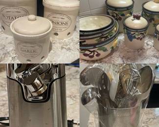 Canisters, bowls, can opener, and kitchen utensils 