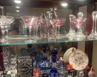 1633.  Glass Front Cabinet with Cobalt, Swirls, Pheasant