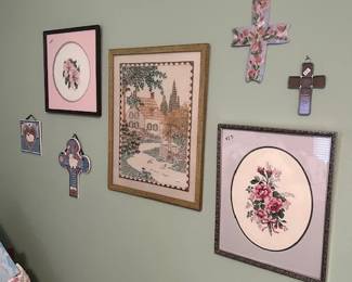 1662. Needle Point Embroidered Scene &  Crosses