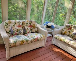 Wrought Iron round table bistro size $30, wicker end table $20, wicker baker's rack $50, large area rug $30.....presold loveseats as previously advertised