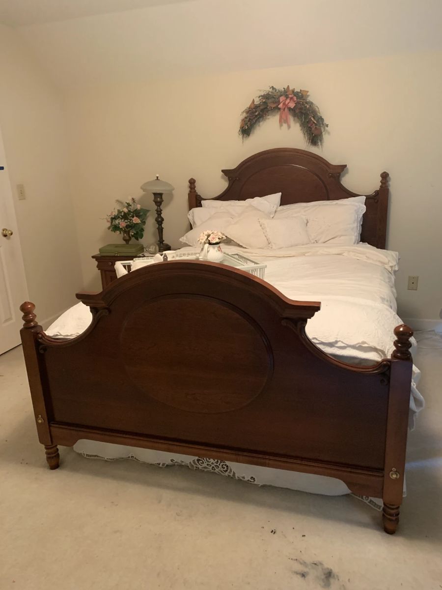 #1	full queen antique bed with head board and foot board 	 $200.00 			
