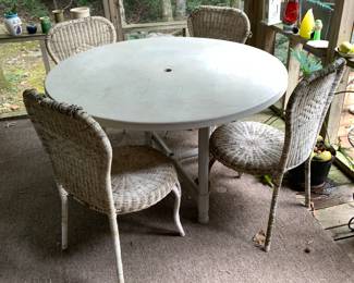 #110 PVC Round Table w/4 Wicker Chairs (chairs as is) - 48 Round x 27T $50.00