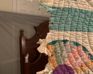 #32 Hand-Made Quilt w/Green Sashing w/Ragged Binding and Some Stains - Old - 82x62 $40.00
