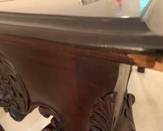 #35 Wood Entry Table w/ball & Claw Feet w/carving - 56x19x31 (has crack across the Back & Scratches) $100.00