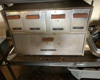 #129 Vintage Cannister Cabinet - Steel - (5 cubbies) $20.00