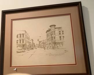 #53 Pen & Ink Print of Washington Street in the 40's by Signed Artist - Under Glass & Framed - 19x16 $75.00