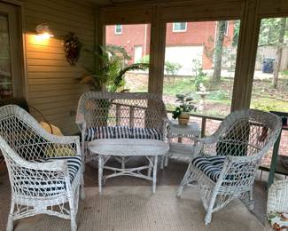 #108 4 piece wicker set (2) chairs, loveseat, coffee table, end table w cushions $120.00