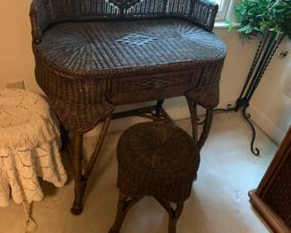 #3 wicker brown vanity with drawer and stool stool 32x18x29 $100.00
