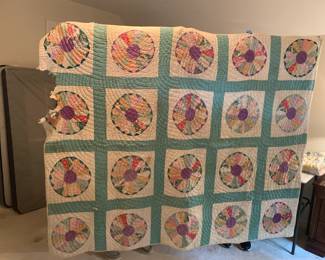 #32 Hand-Made Quilt w/Green Sashing w/Ragged Binding and Some Stains - Old - 82x62 $40.00