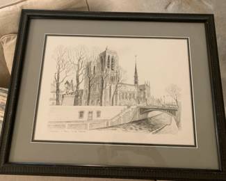 #50 Original Pencil Print of Paris - Framed - 24x20 - Notre Dame $75.00