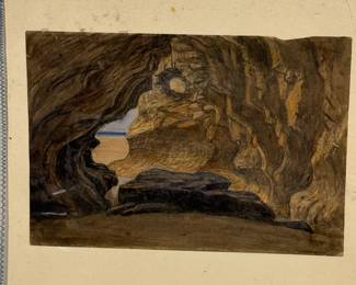 Original Pastel and Watercolor Artwork of Cave Interior Attributed to Charles Cope
Artwork depicting an interior view of a cave with earthy tones of brown and gray. The piece features a circular opening in the cave wall, with light visible in the background. The artwork is mounted on acid-free museum conservation board, with a clear framing around it. The piece includes pencil text mentioning the artist's name and a title, as well as initials and pricing information.