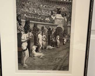 Framed Engraving of Christian Martyrs “Christianae Ad Leones” Potentially Herbert Gustav Schmaltz.

A framed black and white engraving depicting a scene with figures in classical attire. The image features multiple individuals, some standing and others kneeling, set within an arched arena with a large crowd in the background. The text 'CHRISTIANAE AD LEONES' is visible at the bottom. The frame has a sleek design and is adorned with a subtle pattern, while the image has a textured background resembling stone.

Art field 10 1/2” x 14 1/2” with an overall measurement of 20 1/2” x 16 1/2” 