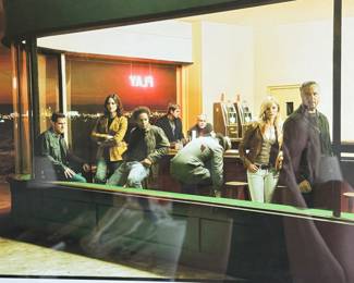 CBS CSI Las Vegas Photo - Signed by the Artist Framed Art Print 'CSI' with Signature and Date
Framed photography art depicting scene with several people inside a cafe replicating the scene of “Nighthawks” by Edward Hopper. The replicated scene is the cast and crew of CSI Las Vegas and is professionally matted and framed with a black molding.The bottom corner features handwritten text: 'CSI' and a date 'July 25, 2005'. The artist's signature is also present in the bottom right corner. Art Field 15 1/2” x 19 1/2”. Overall Measurement 17 3/4” x 19 3/4”. 