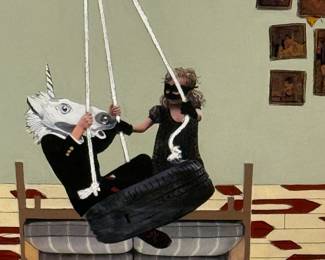 Kelly Duffield Mixed Media Artwork
This mixed media collage painting features a scene depicting two children on a tire swing. One child wears a unicorn mask, while the other has curly hair and is dressed in black. The background features a light green wall with several brown-framed pictures. The floor has a cream color with a red pattern. The frame is made of light wood.