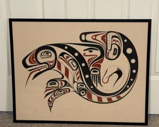 Wayne Young, Indigenous Artist, created this beautiful piece entitled “Raven With Broken Beak.” Signed by the artist and numbered 128/160. The piece is framed with thin black molding, keeping the emphasis on the art. Art field measures 21 1/2” x 23 3/4”. Overall measurement 22 3/4” x 29”. See pictures for minor frame condition issues. 