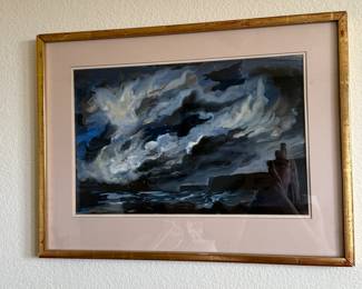 Watercolor painting featuring a stormy seascape with dark clouds and lighter highlights, framed in a golden rectangular frame. The frame has a distinctive antiqued style. The artwork is matted with a pale pink mat board that perfectly contrasts the painting. 

Art measures 11 3/4” x 18 1/4”. Overall measurement 18 1/4” x 24 1/4” See condition issues with frame, this is easily repaired by a professional framer. 