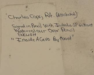 Original Pastel and Watercolor Artwork of Cave Interior Attributed to Charles Cope
Artwork depicting an interior view of a cave with earthy tones of brown and gray. The piece features a circular opening in the cave wall, with light visible in the background. The artwork is mounted on acid-free museum conservation board, with a clear framing around it. The piece includes pencil text mentioning the artist's name and a title, as well as initials and pricing information.