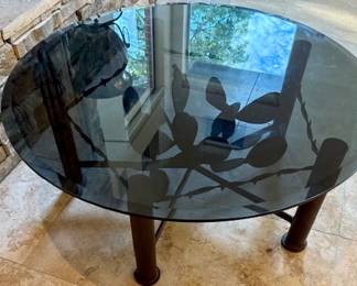 Glass Top Iron Cactus Round Coffee Table.