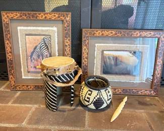 African Drum Woven Basket Carved Alligator Letter Opener and Framed Photographs