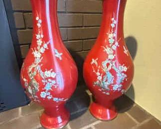 Korean Red Enamel Finish and Brass withMother Of Pearl Inlay Vases