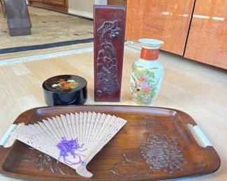 Saton Gordon Asian Vase Wood Chop Sticks And Platter