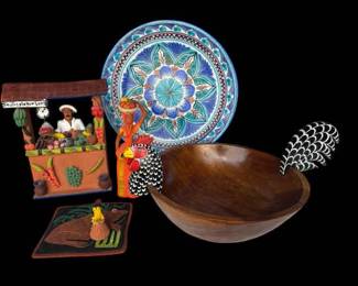 Ceramic Plate Rooster Wooden Bowl Mexican Clay Figurine