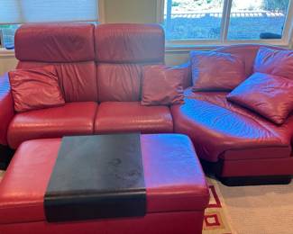 Red Leather EK Ekornes Sectional Couch With Ottoman Storage