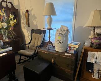 Antique Boston Rocker, Antique oak carved leg plant stand (to the left), Antique wooden chest, Vintage plant stand