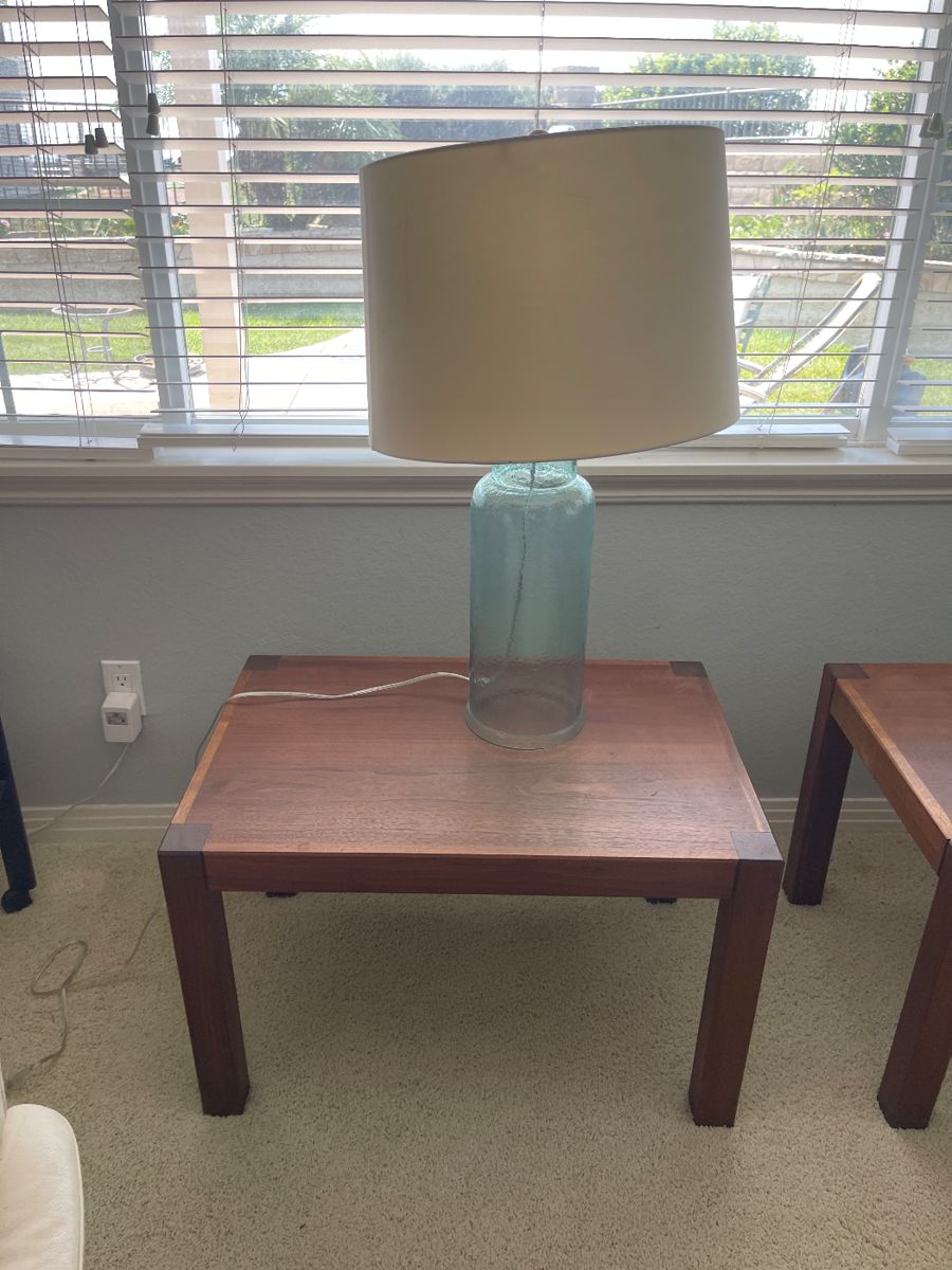 Danish Modern Side tables, Blue Glass lamp