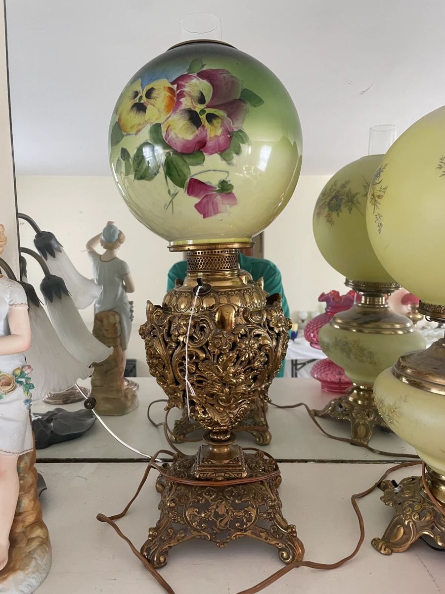 Electrified Banquet Lamp with Pansy painted shade and ornate bronze base