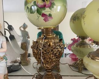 Electrified Banquet Lamp with Pansy painted shade and ornate bronze base