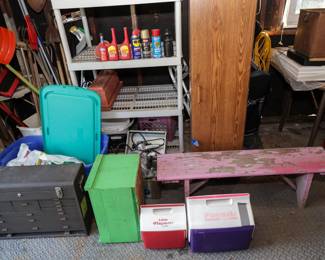 Primitive pink painted bench, green wooden box and Kennedy 11 drawer tool kit