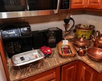 Copper cooking pans. slow cooker and coffee pot