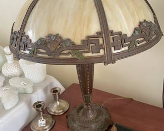 A slag glass ornate lamp by AR Co.