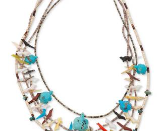 328
A group of Southwest-style carved stone and shell necklaces
Late 20th century
Comprising three necklaces including a single strand with carved turquoise turtle fetish beads with heishi shell spacers (22" L), a single strand with small turquoise nuggets and white shell heishi (28" L), and a double strand with multistone and shell carved bird and turtle fetish beads with heishi shell spacers (26.5" L)
3 pieces
75.5 grams gross
Estimate: $300 - $500