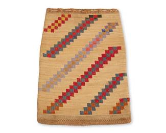 58
A Nez Perce twined corn husk bag
Late 19th/early 20th century, Nimiipuu; Northwest Plateau
The double-sided flat twined bag with polychrome wool yarn imbricated motifs to each side, featuring
multiple diagonal rows of stepped multicolored bands to one side and four horizontal rows of narrow stepped zigzag banding verso, with a twined top edge and twisted cord lacing
20" H x 14.5" W
Estimate: $800 - $1,200