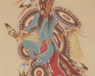 27
Woody Crumbo
(1912-1989, Potawatomi/Chilocco)
"Feather Dance," circa 1950
Screenprint in colors on paper
From the edition of unknown size
With the printed signature to the right of center in the lower edge: Crumbo
Sight: 11.5" H x 8.5" W
Estimate: $200 - $400