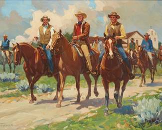110
Nicholas Samuel Firfires
(1917-1990)
"Three of a Kind"
Oil on canvas
Signed lower left: Nicholas S. Firfires CA; titled on the frame plaque
24" H x 36" W
Estimate: $3,000 - $5,000