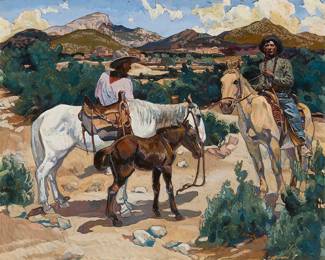 86
20th Century Taos School
Taos Indians on horseback with foal, in the style of Walter Ufer
Gouache and ink on sturdy, teal-colored, card stock
Signed with a stylized monogram in the lower left corner: LZS [?]
Sight: 19.5" H x 24.5" W
19.875" H x 25" W
Estimate: $600 - $800