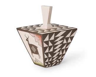 41
Charmae Shields Natseway (b. 1958, Acoma Pueblo)
A small polychrome lidded seed pot, late 20th/21st century
Signed to base: Charmae Shields Natseway
The tapered square pot with black on white Mimbres-style pictorial motifs including a deer and two fish, with overall triangular patterned sides and top. with plain finial lid
4" H x 3" W x 3" D (with lid)
Estimate: $500 - $700