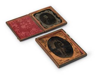 228
Two Civil War era early photographs
An ambrotype depicting a portrait of a soldier in uniform, with a thin chased gold-toned metal preserver within a red velvet-lined tooled leather case, and the other a tintype depicting a full-length, uniformed soldier with a thicker chased gold-toned metal preserver within a tooled leather case
Sight of smallest: 3" H x 2.5" W; Sight of largest: 3.5" H x 2.625" W
Estimate: $300 - $500
